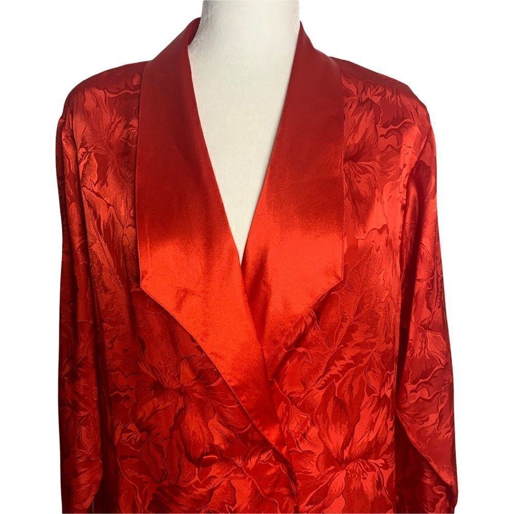 Vintage 80s Double Breasted Night Shirt M Red Floral Satin Long Sleeves